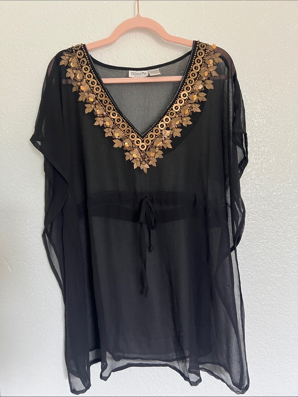 Black Sheer V-Neck Swim Coverup with Gold Embellishment